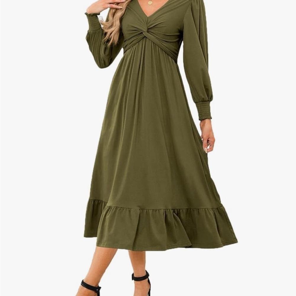 Green Ruched Tiered V-Neck Sundress
